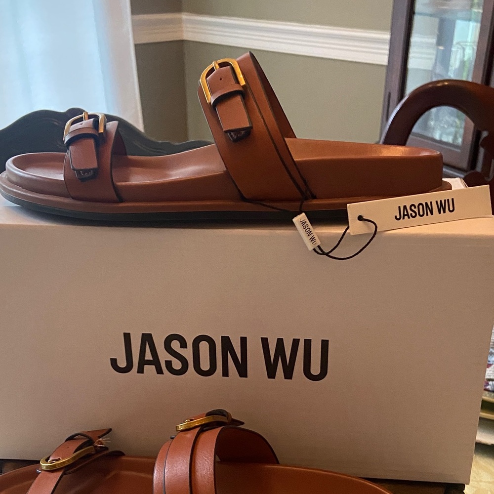 Jason Wu Rhonda Double Gold Buckle Slide Sandals - Picture 2 of 6